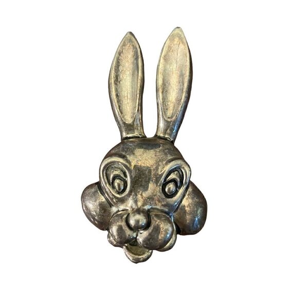 MJ Bunny Pendant Brooch Silver Tone Aged Patina 2.25" - Picture 3 of 5